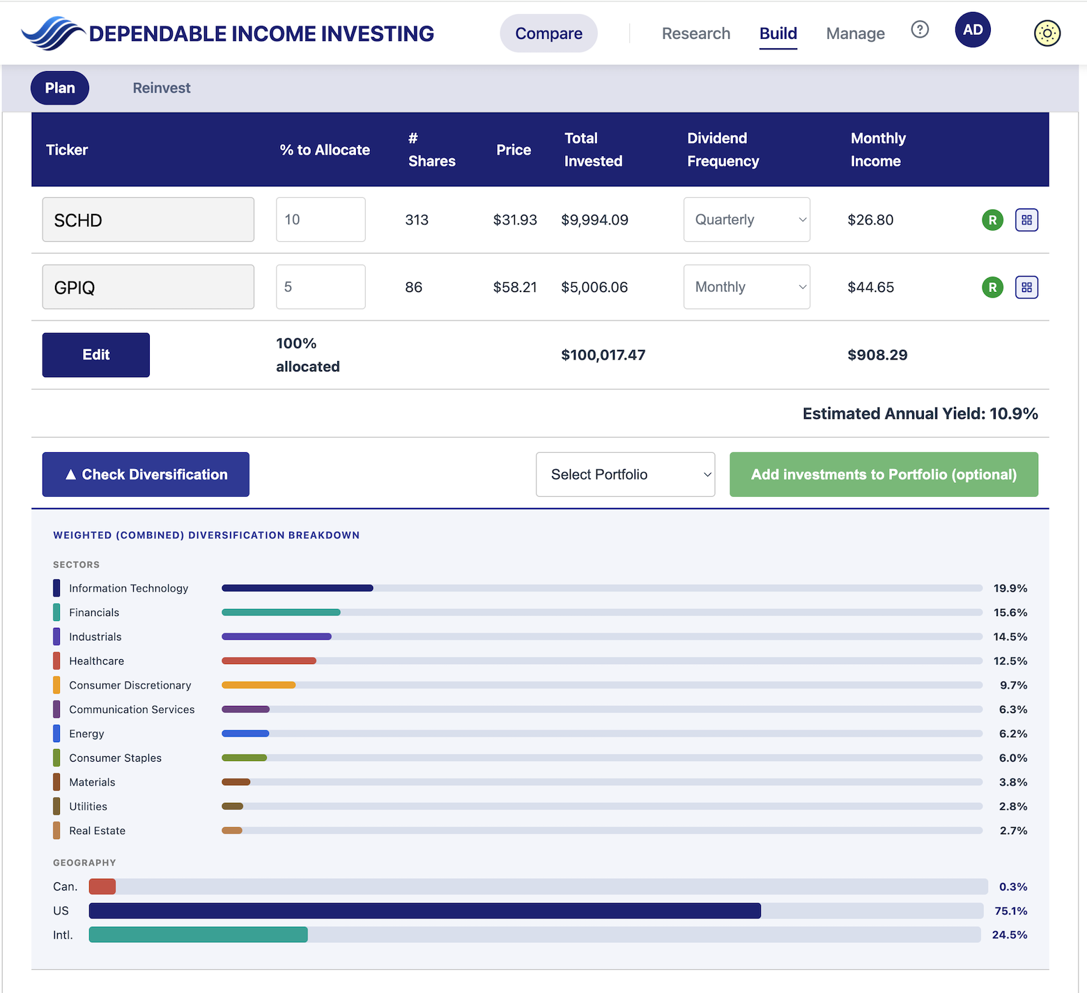 Plan tool — portfolio allocation and diversification breakdown