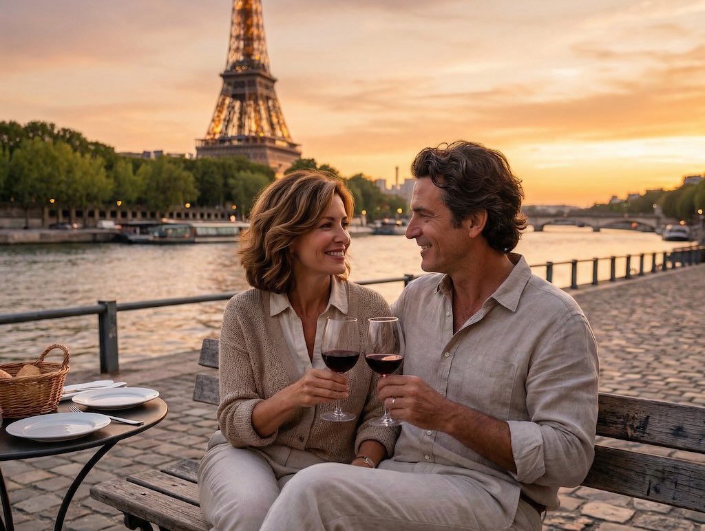 Couple enjoying retirement by the Seine with the Eiffel Tower