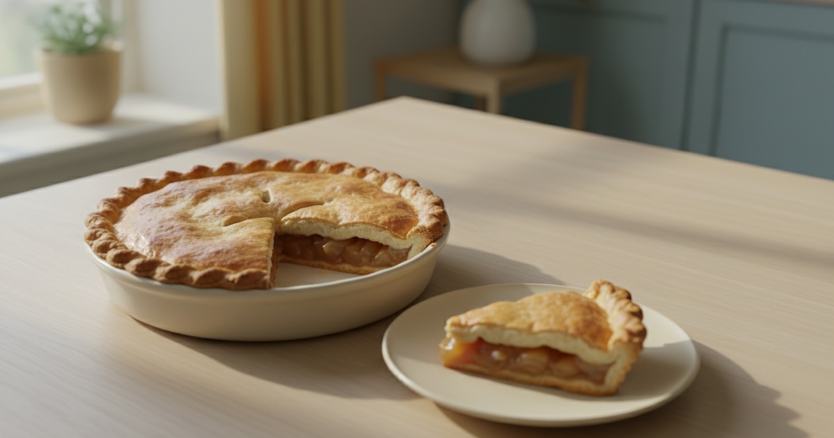 A warm sunlit kitchen table with a slice cut from a golden pie, representing the tax share taken from income